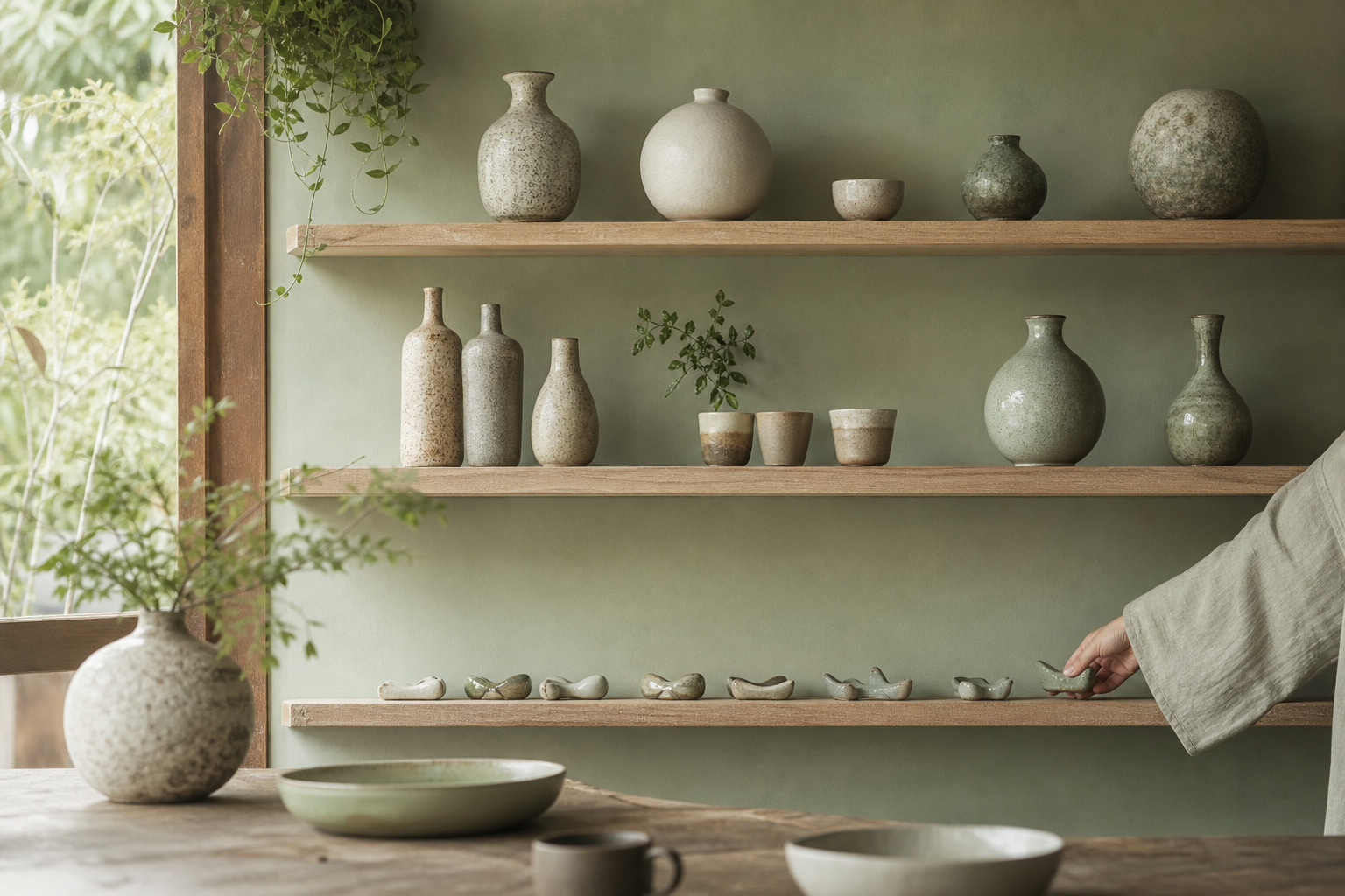 陶芸工房の棚と作品